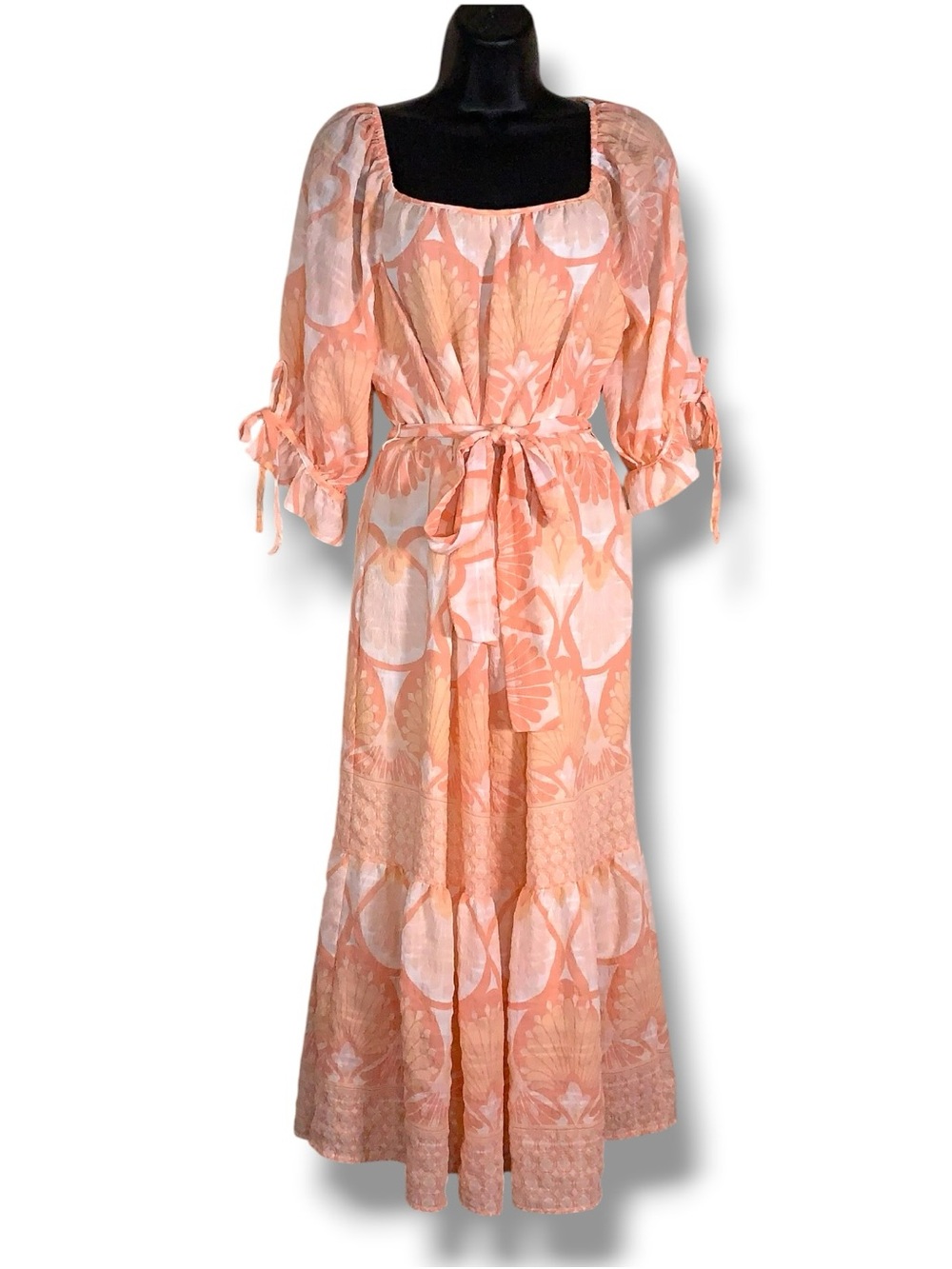 Large Hope Springs Midi Maxi Dress Orange White Ruffle Sleeve Boho Lined